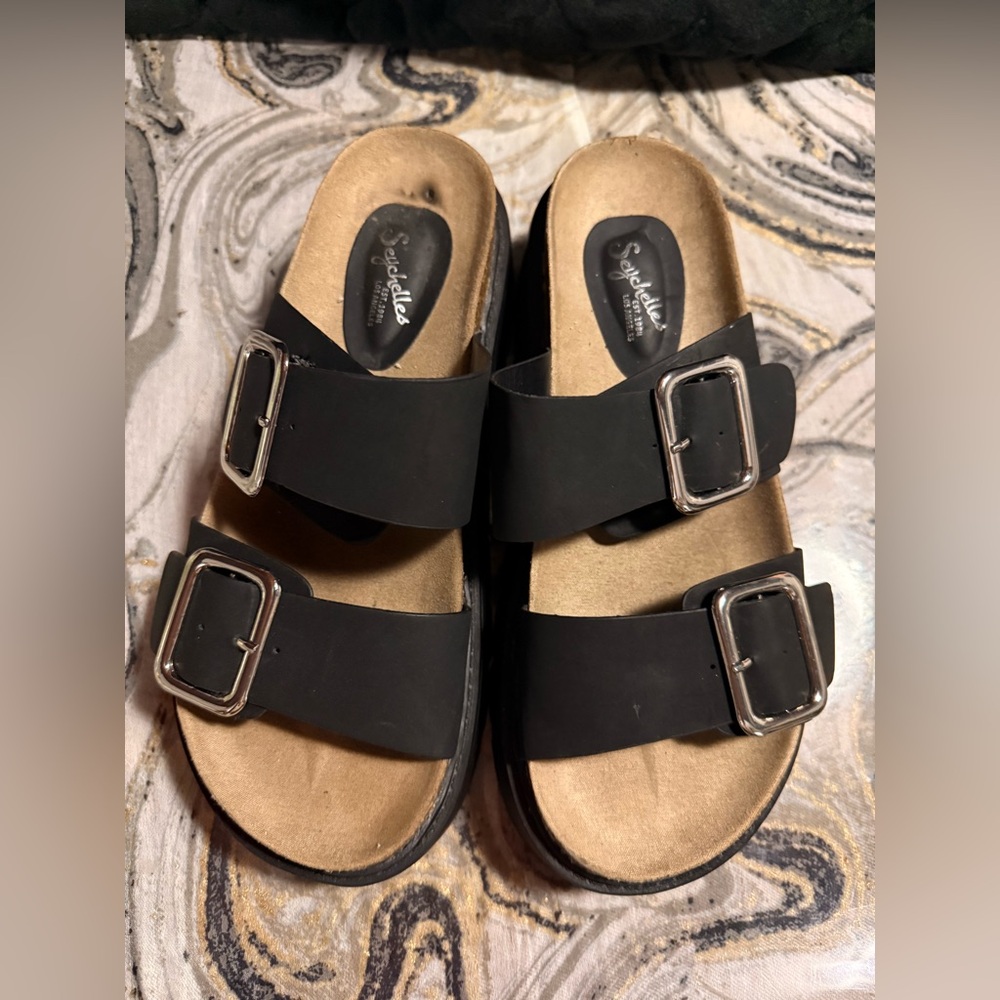 Seychelles Black Double-Buckle Slide Sandals